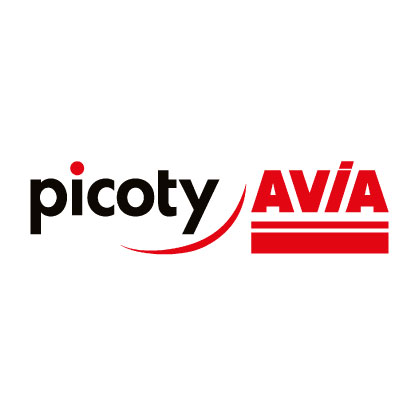 Logo de la société Picoty Avia( fournisseur d'électricité). Logo texte noir et rouge. picoty en noir, avia en rouge.